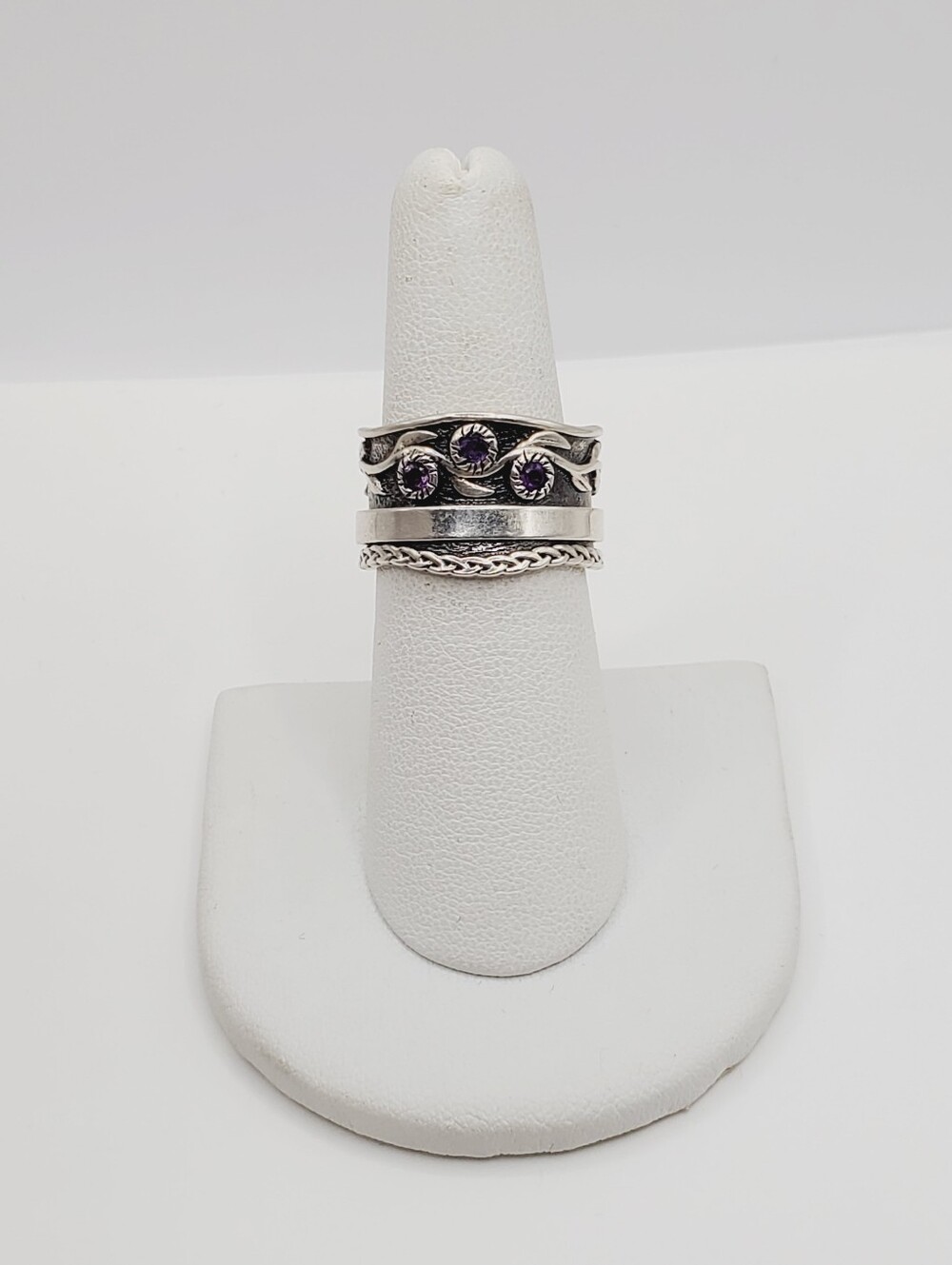 Genuine Amethyst 925 Sterling Silver Fidget Spinner Braided Band Leaf Ring - Picture 3 of 11